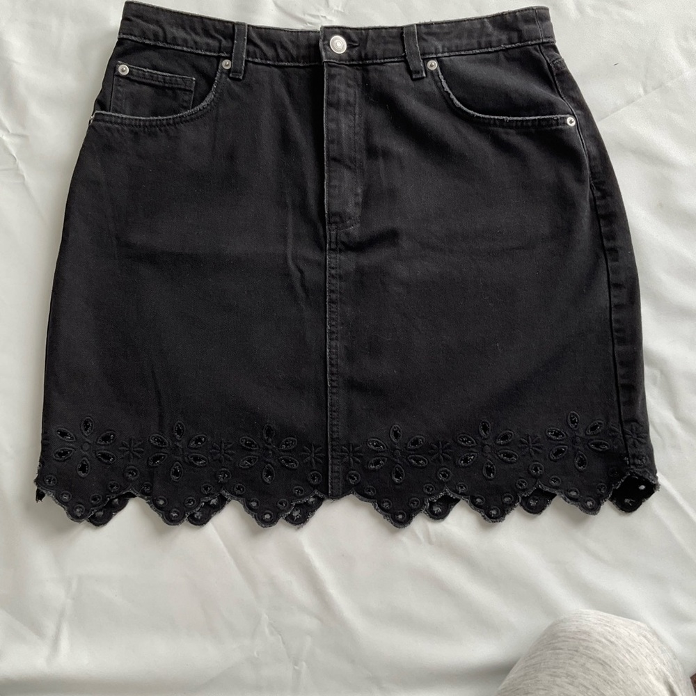H&M Black Denim Mini Skirt with Eyelet Hem